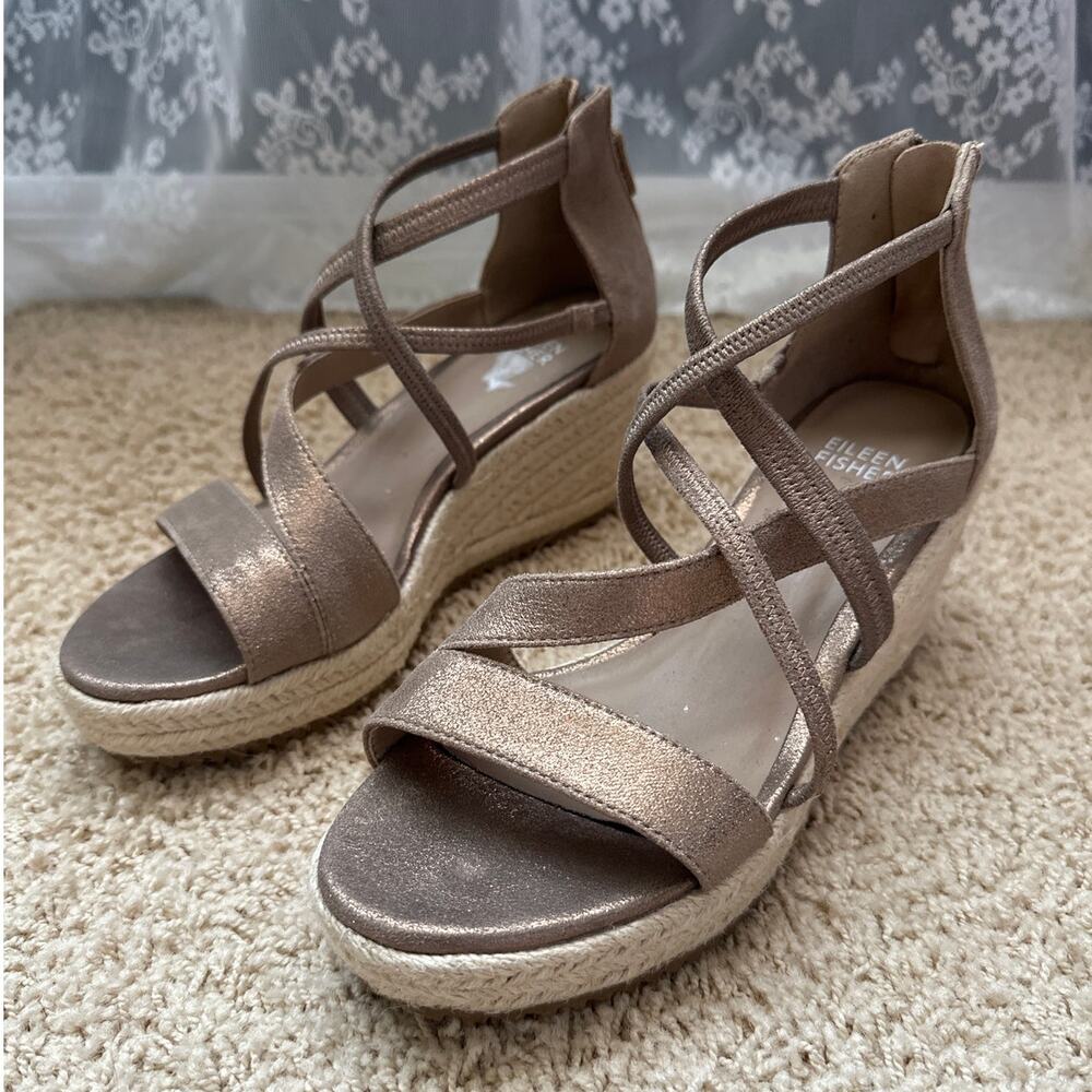 Eileen Fisher Wanda Metallic Leather Espadrille Wedge Sandals - Size 6.5